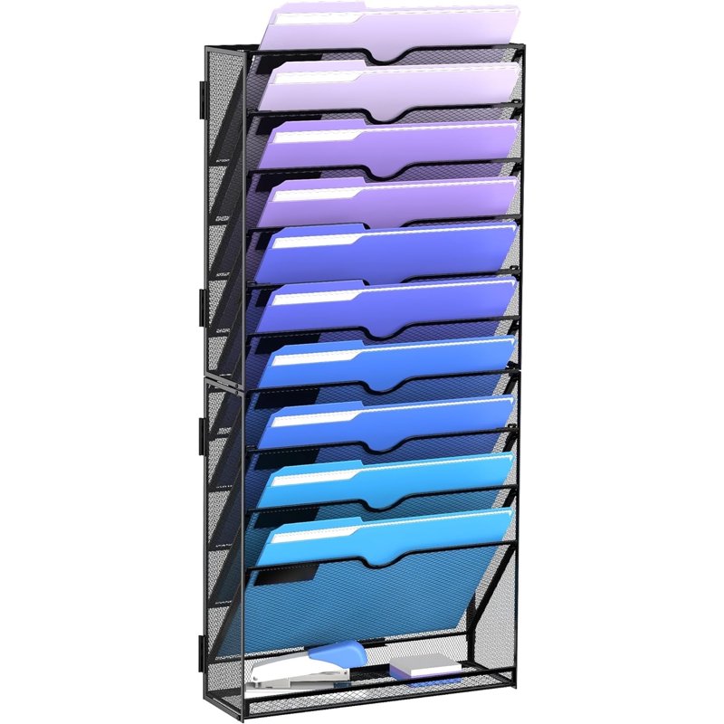 11-Tier Wall File Holder Organizer - Metal Wall Mount Hanging Office Storage