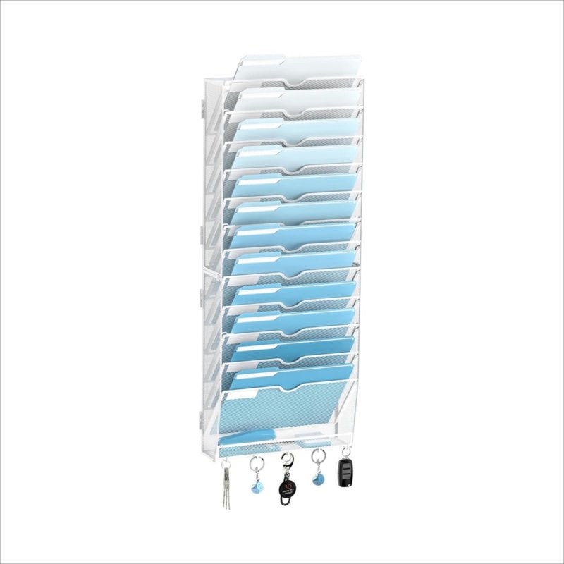 13-Tier Metal Wall File Organizer with Hooks - Office Paper & Magazine Storage