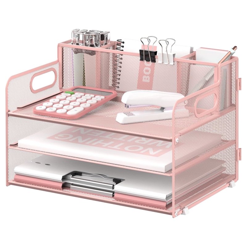 3 Tier Metal Mesh Desk Organizer with Pen Holders and Handles - Space Saving Paper Storage