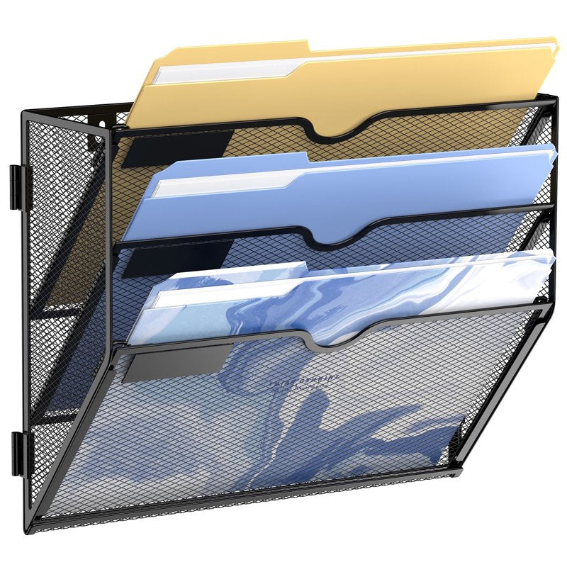 3 Tier Wall File Organizer - Metal Hanging Document Holder for Office & Home