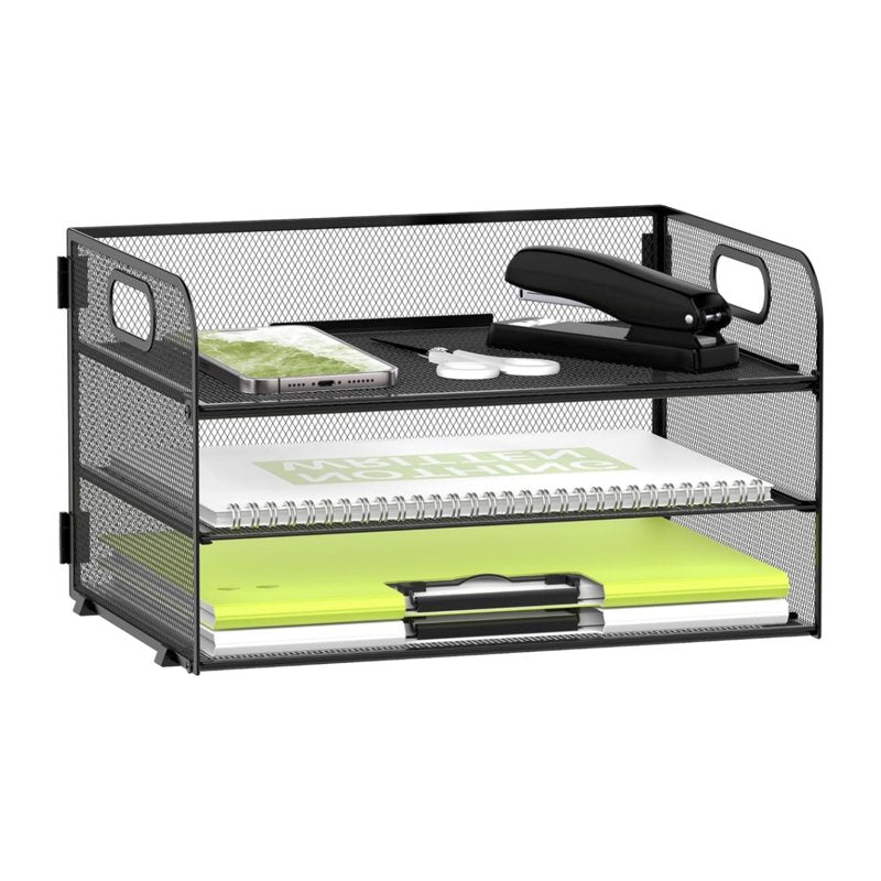 3 Tier Mesh Desktop Paper Organizer with Handles - Office & School Storage