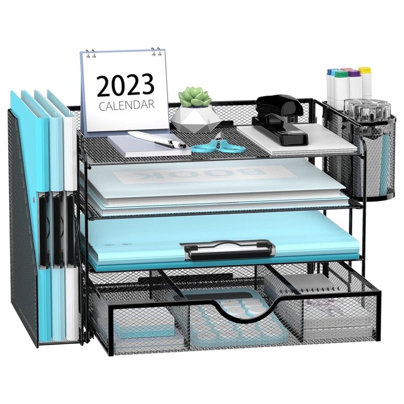 4-Tier Metal Desk Organizer with File Holder, Pen Storage, Drawer - Black
