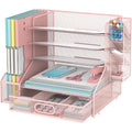 INTIGE 5-Tier Metal Desktop Organizer with Pink 1 Drawer, File Rack & Pen Holder