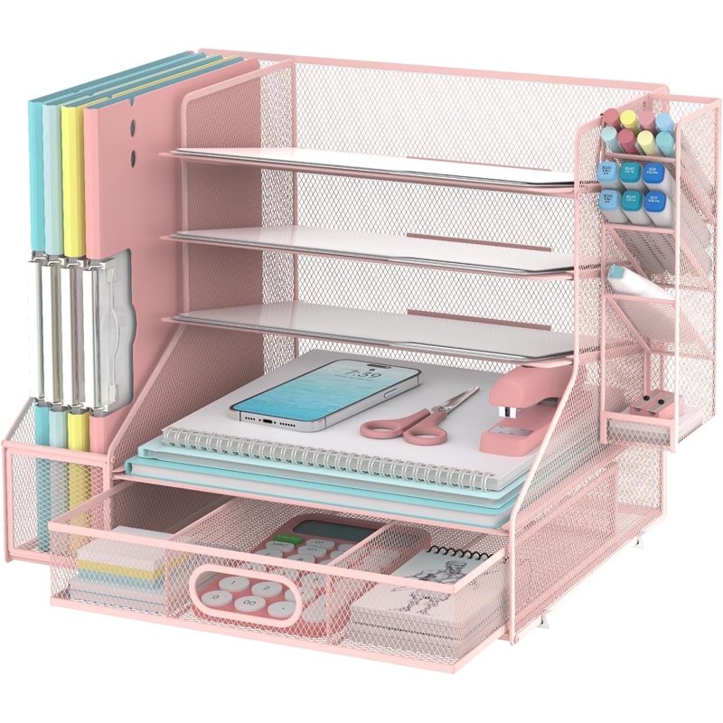 INTIGE 5-Tier Metal Desktop Organizer with Pink 1 Drawer, File Rack & Pen Holder