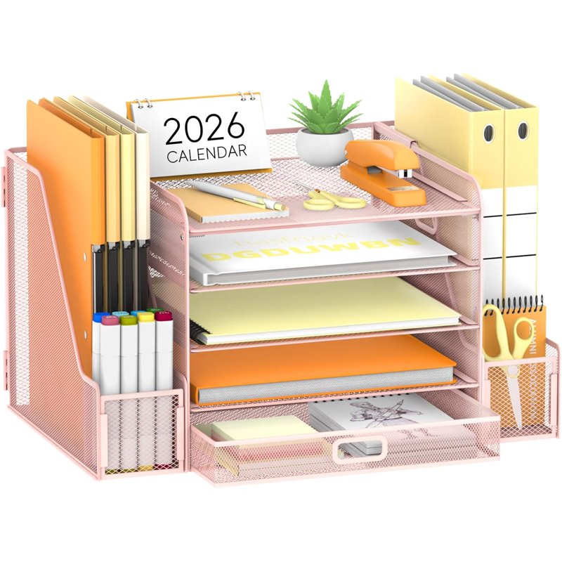 5-Tier Metal Mesh Desk Organizer with File Holder Pen Tray and Drawer