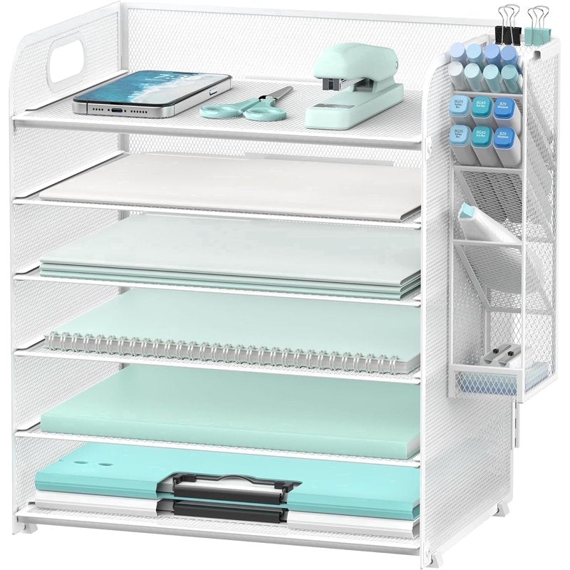 6-Tier Desktop File Organizer with 4 Pen Holders and Handle, White