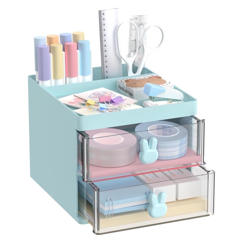 Multi-Functional Desk Organizer with 2 Drawers and Compartments - Blue, Pink, White