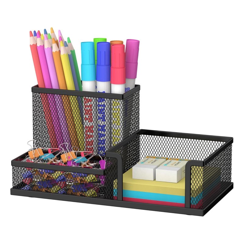 Mesh Pen Holder Desk Organizer with 3 Compartments - Office Supplies Storage