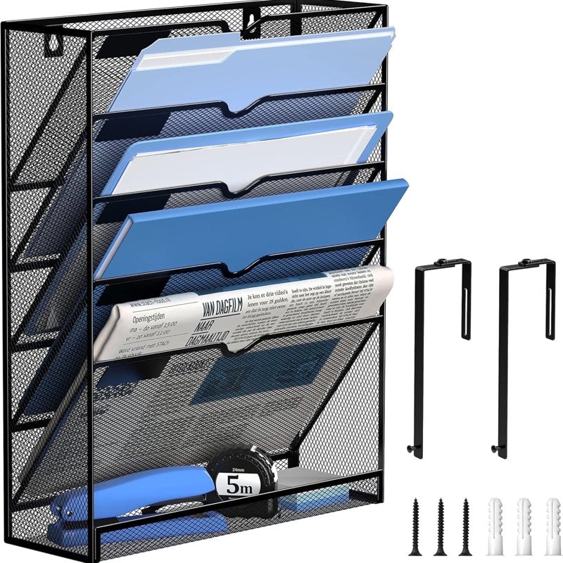 Metal Wall File Organizer 6-Tier Hanging Paper Storage with Hooks