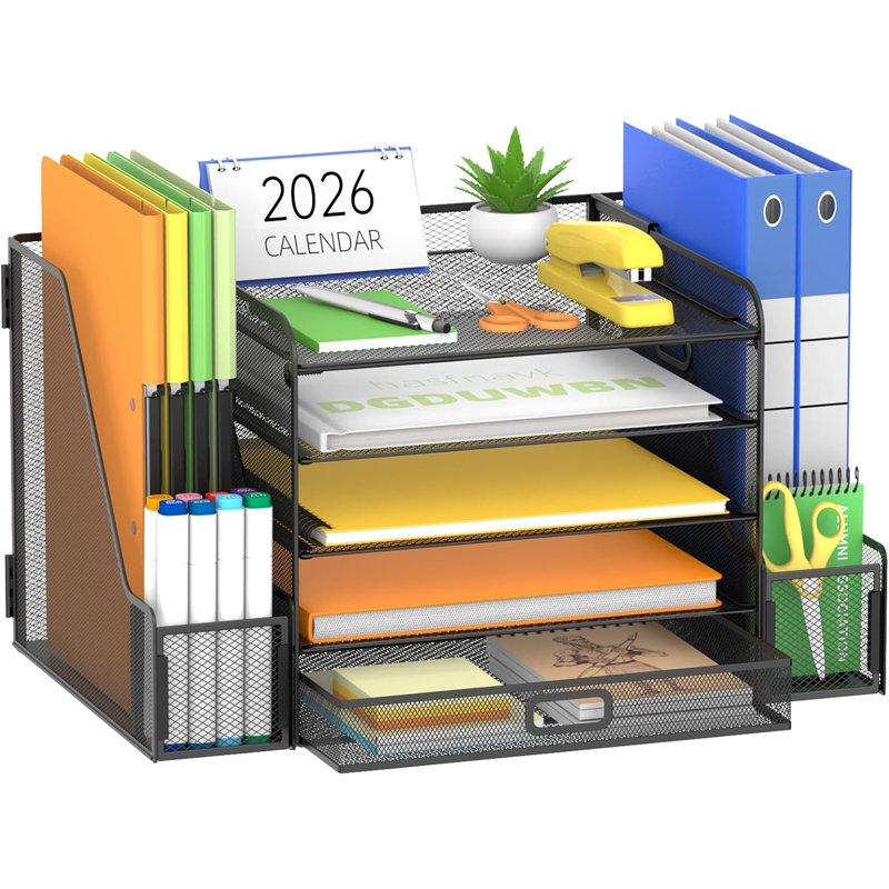 Mesh Desk Organizer with File Holder 5-Tier Letter Tray & Drawer - Multi Color