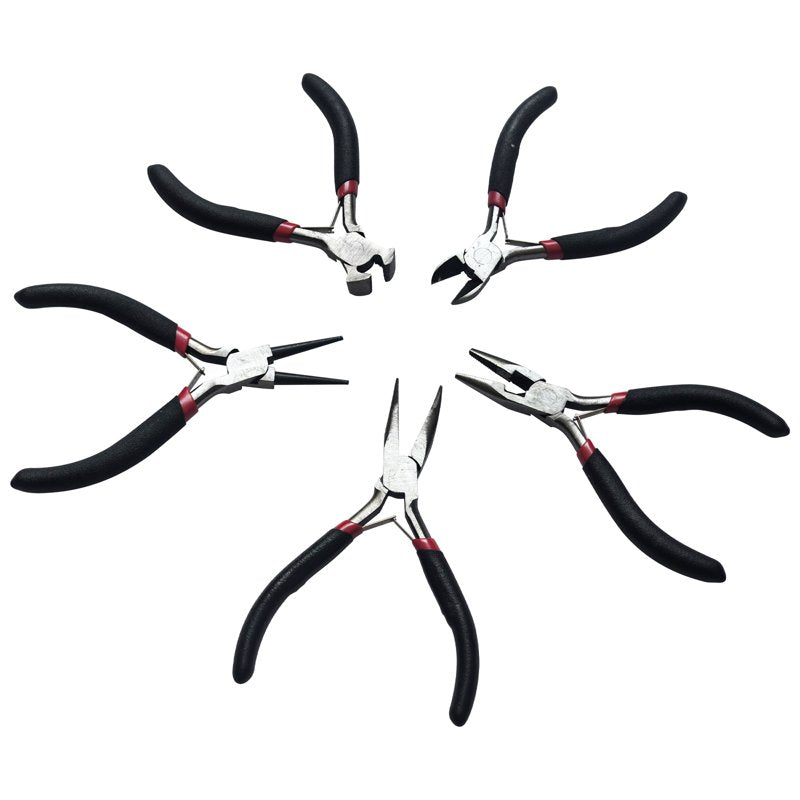 Jewelry Pliers Set 5 Pieces - Round Nose, Long Nose, Bent Nose, Cutters for Beading & Wire Work
