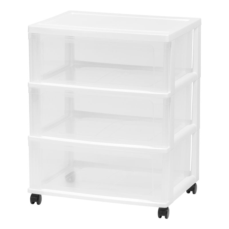 Wide Storage Drawer Cart with Casters - Portable Plastic Organizer, White & Clear