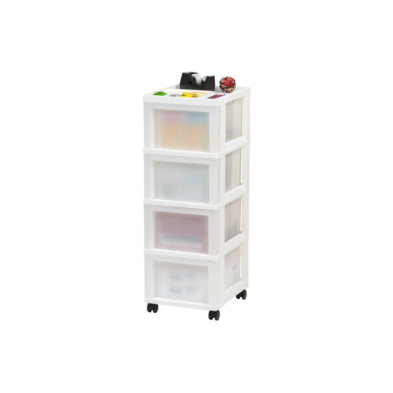 Narrow 4-Drawer Plastic Storage Cart with Organizer Top - White