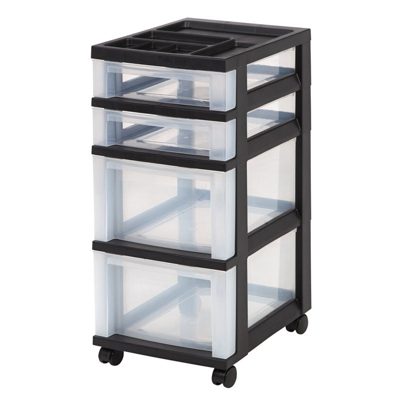 4-Drawer Storage Cart with Organizer Top - Black Office & Home Organization