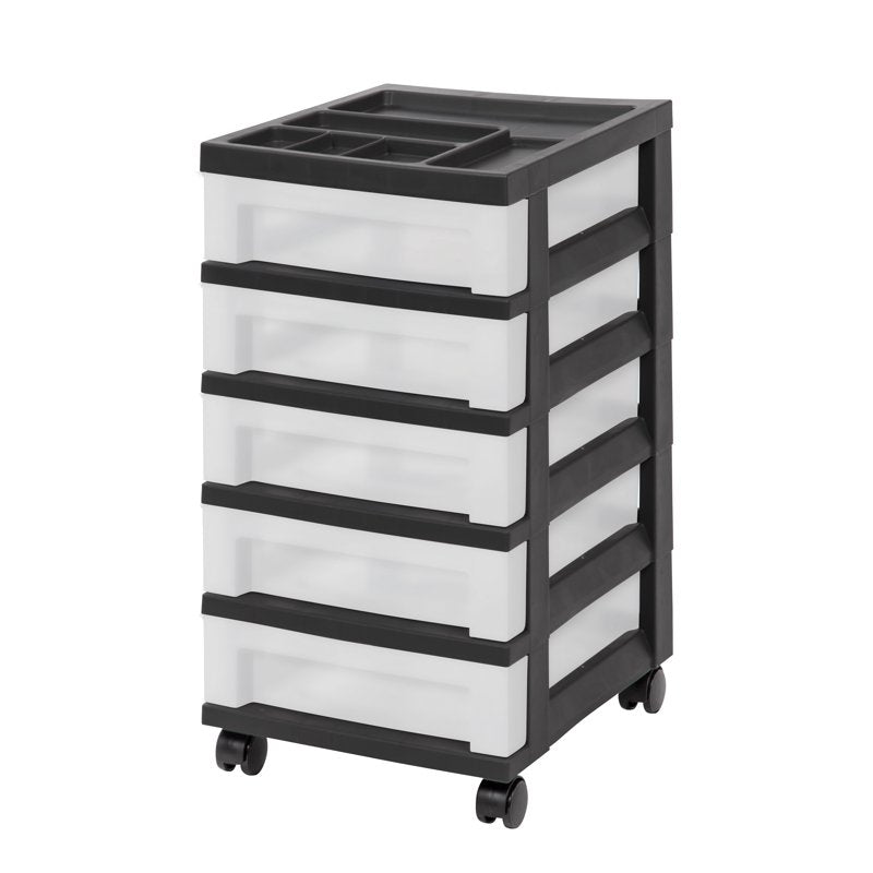 Narrow 5-Drawer Plastic Storage Cart with Organizer Top - Black & White