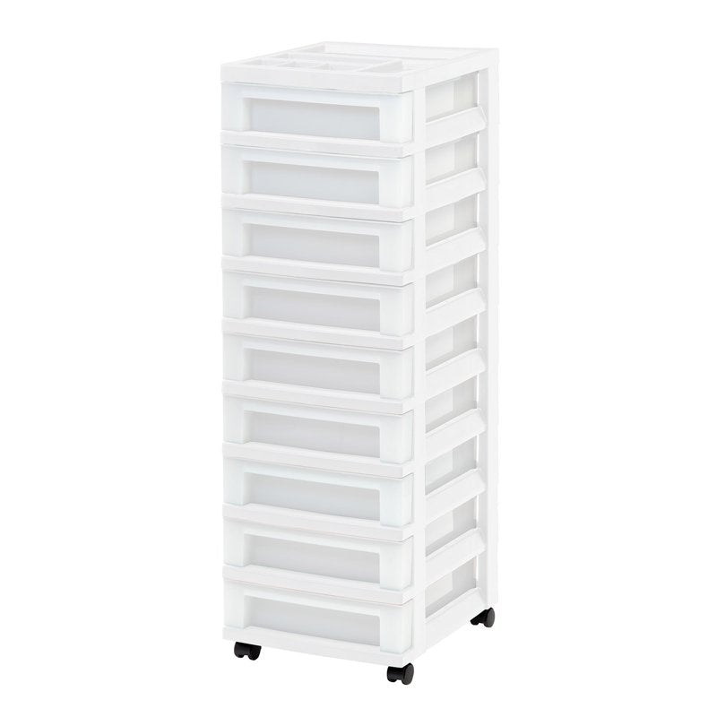 9-Drawer Plastic Storage Cart with Organizer Top and Casters - White