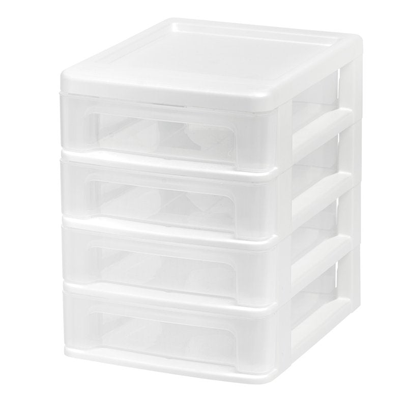 Small 4-Drawer Desktop Organizer - Compact Stacking Storage Unit, White-Clear