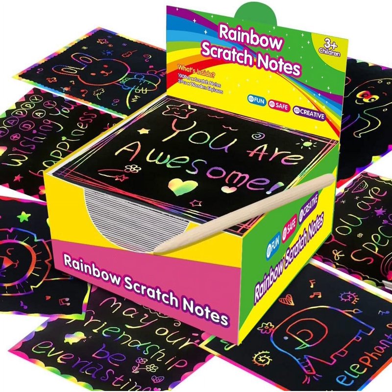 Rainbow Scratch Art Notes Set - 100 Colorful DIY Note Cards for Kids and Craft Projects
