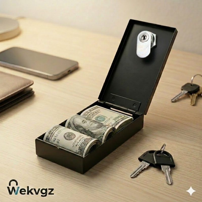 Portable Metal Cash Box with Keys - Small Travel Safe for Money & Valuables, Black