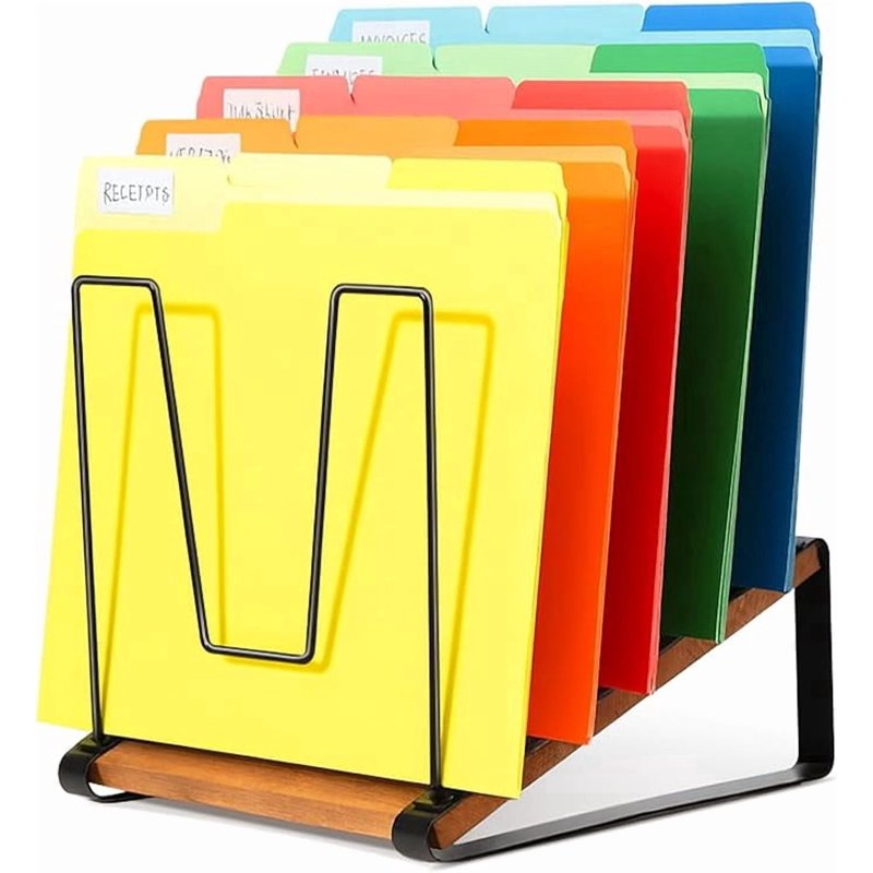 Inclined Desk File Organizer with 5 Compartments - Vertical Metal & Wooden Stand