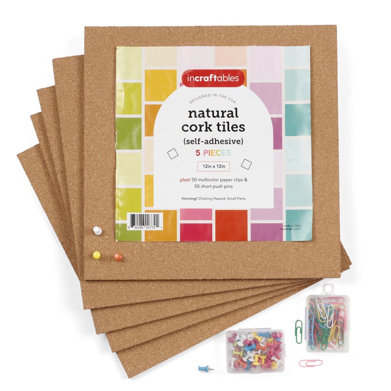 Self-Adhesive Cork Board Squares 12x12 for Bulletin & Vision Boards - 5 Pack