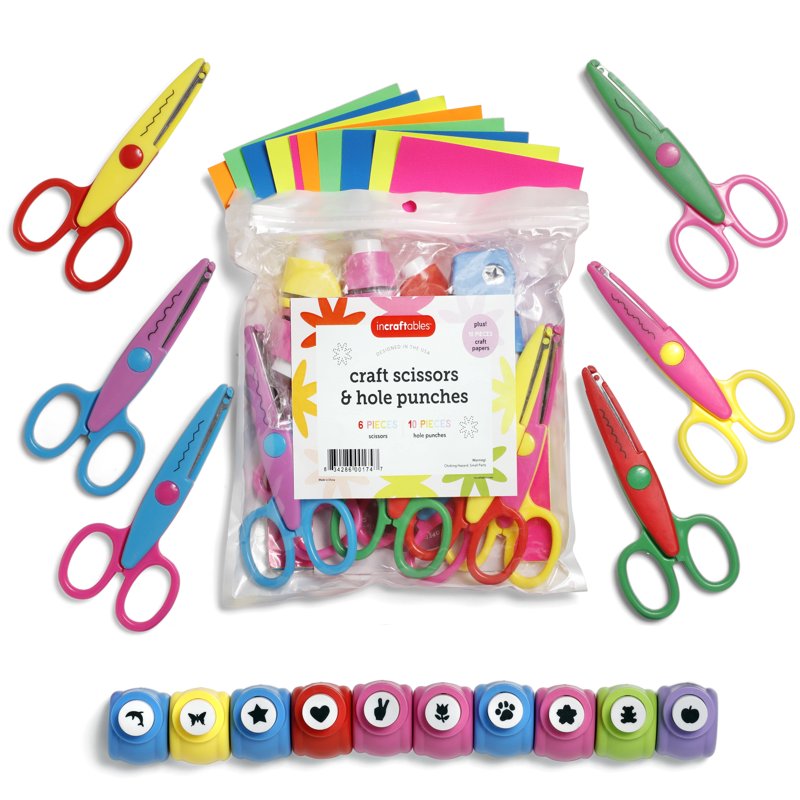 Decorative Edge Craft Scissors 6 Pack with 10 Paper Punches & Craft Papers