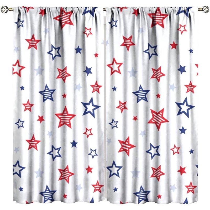 Independence Day Flagout Curtain Set - 4th of July Blue Red Star American Flag Pattern Window Drapes - Multiple Sizes