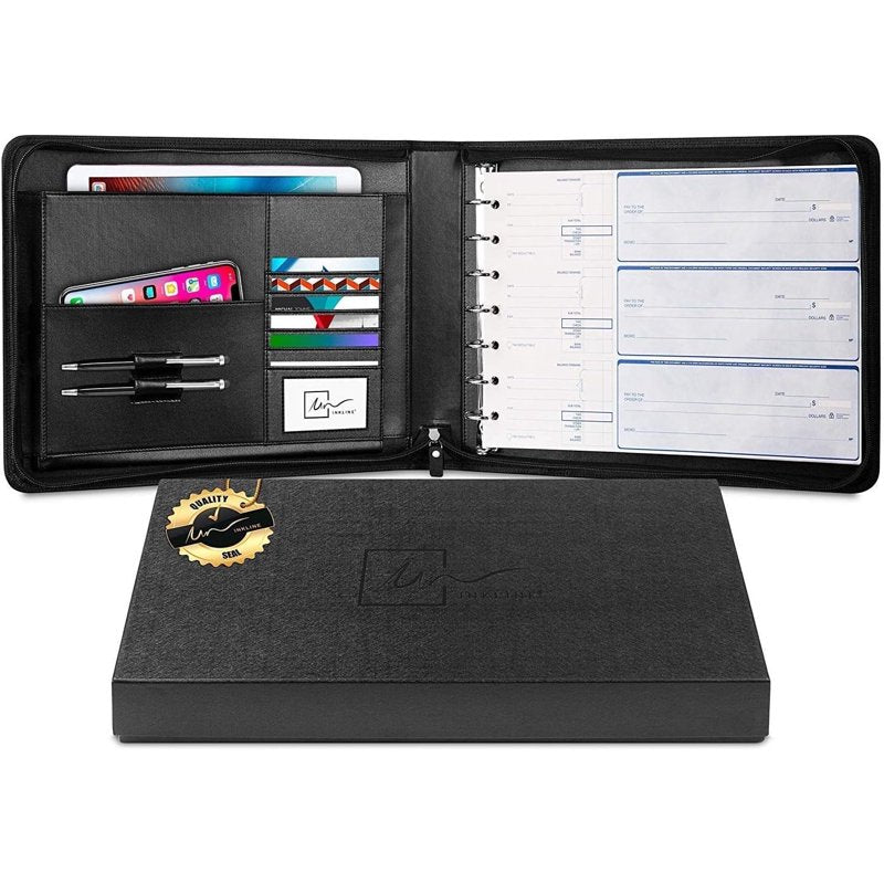 Check Binder Portfolio Organizer 7-Ring Capacity 9x13 Slim PU Leather