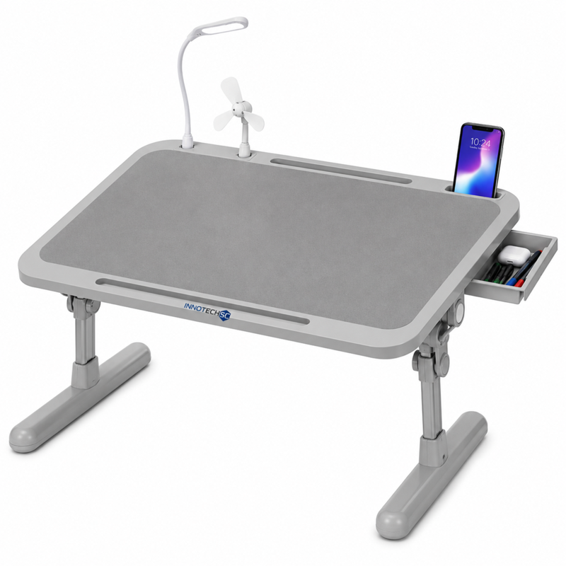 Foldable Laptop Bed Desk with LED Light, Fan, USB Charging, Drawer, 4-Height Adjustment - Gray