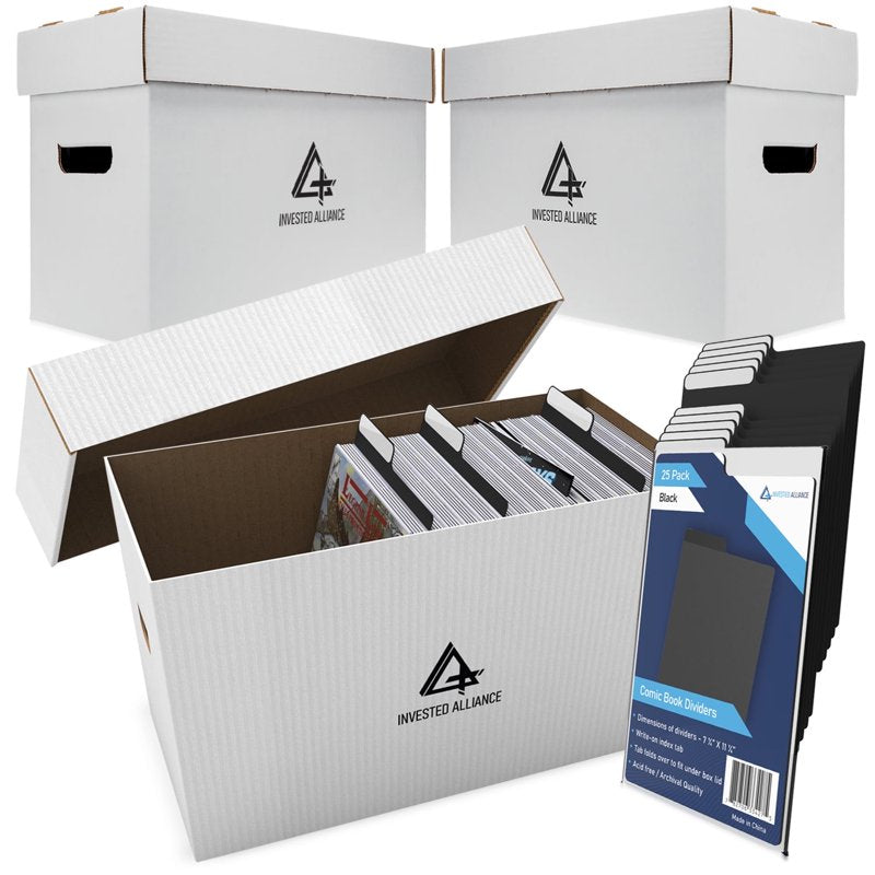 Invested Alliance 3-Pack Short Comic Book Storage Boxes with Lids & 25 Black Dividers - Corrugated Cardboard Box Storage