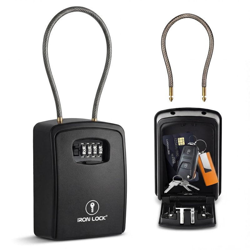 Extra Large Portable Key Lock Box with Cable Shackle - Waterproof Metal Security Storage