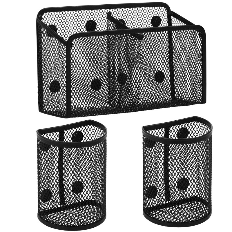 Magnetic Pen Holder & Desk Organizer Set with Metal Mesh Baskets - Black