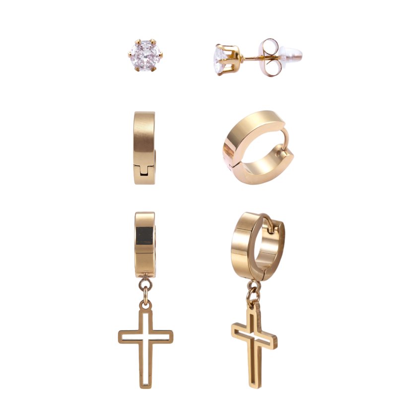 Men's 3-Piece Gold Plated Earring Set Stainless Steel Versatile Jewelry