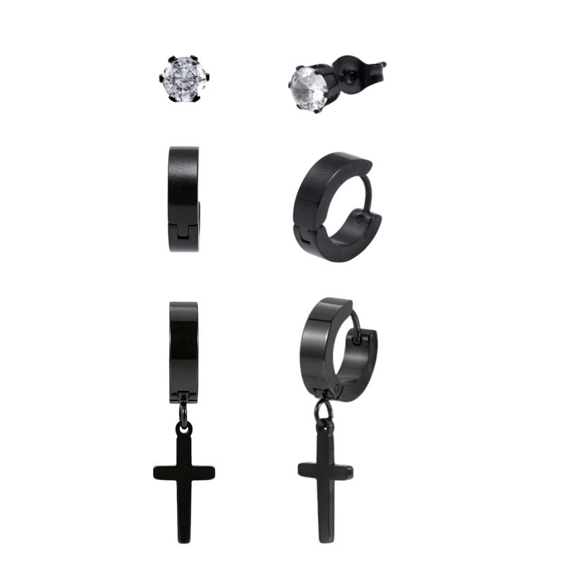 Men's Black Stainless Steel Earring Set 3 Styles Hypoallergenic Jewelry
