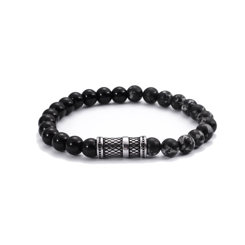 Men's Black Onyx Bead Bracelet with Stainless Steel Accent