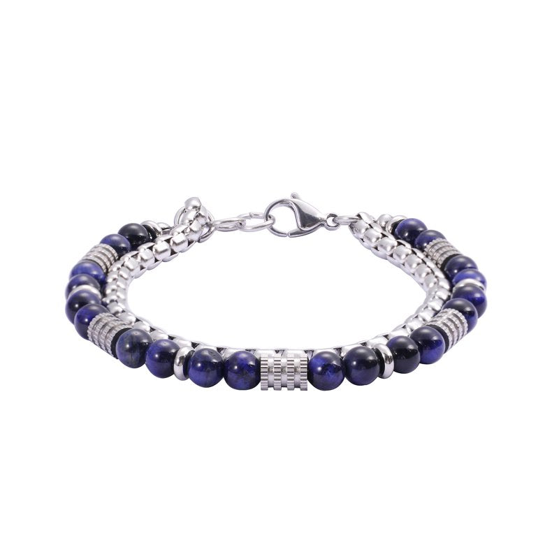 Men's Lapis Lazuli Bead Chain Bracelet - Stainless Steel, Blue Stone Jewelry