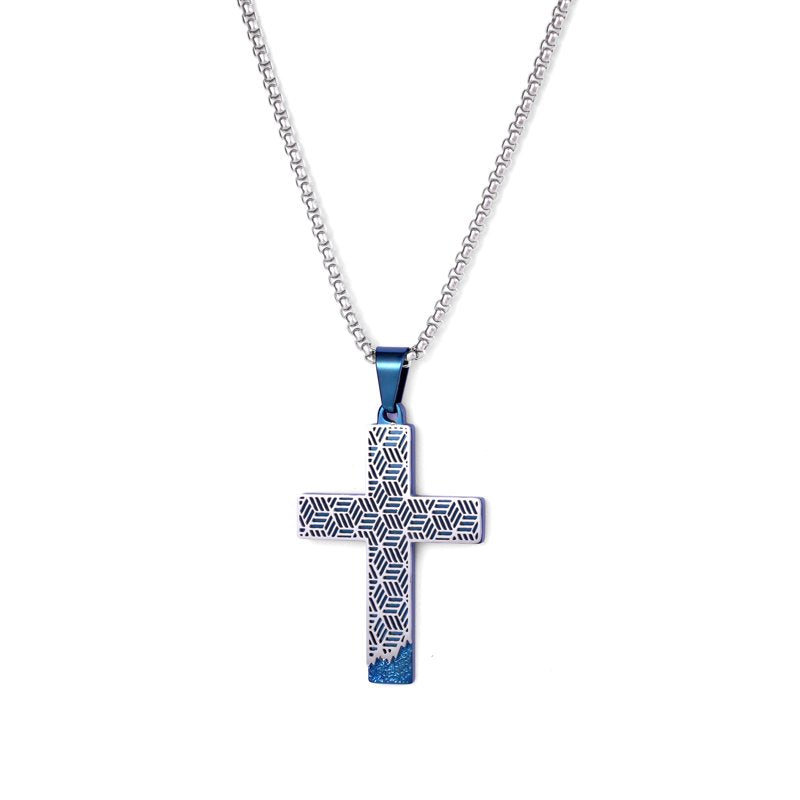 Men's Stainless Steel Cross Pendant Necklace with Cobalt Drip Design