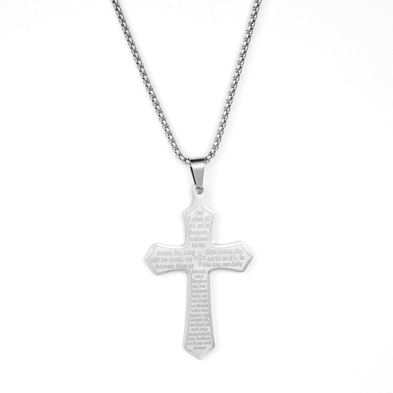 Men's Stainless Steel Religious Cross Necklace with Lord's Prayer Engraving