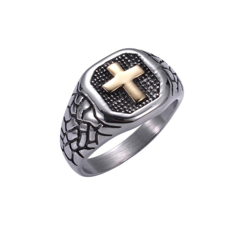 Men's Two Tone Textured Cross Signet Ring Stainless Steel Religious Jewelry