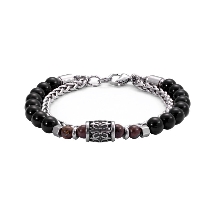 Men's Tiger Eye Bead Bracelet with Stainless Steel Chain - Healing Gemstone Jewelry