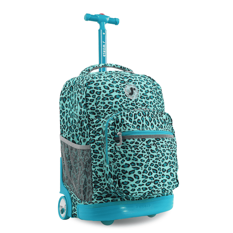 Girls 18-Inch Rolling Backpack for School and Travel - Mint Leopard
