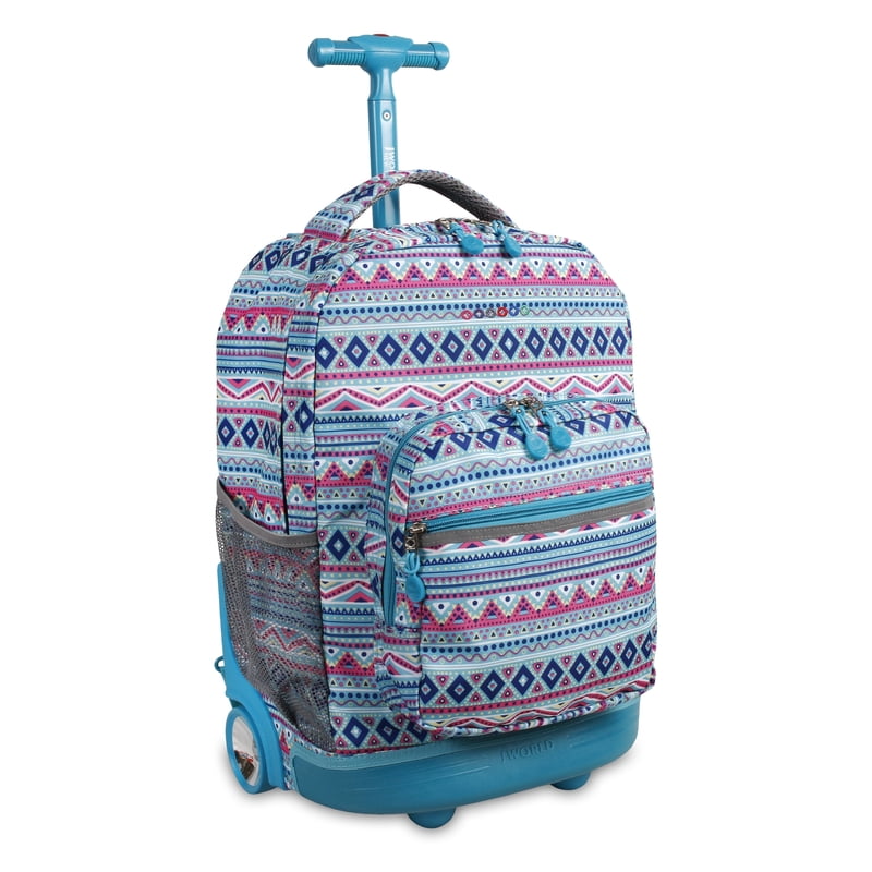 Girls 18-Inch Rolling Backpack for School and Travel - Mint Tribal Pattern