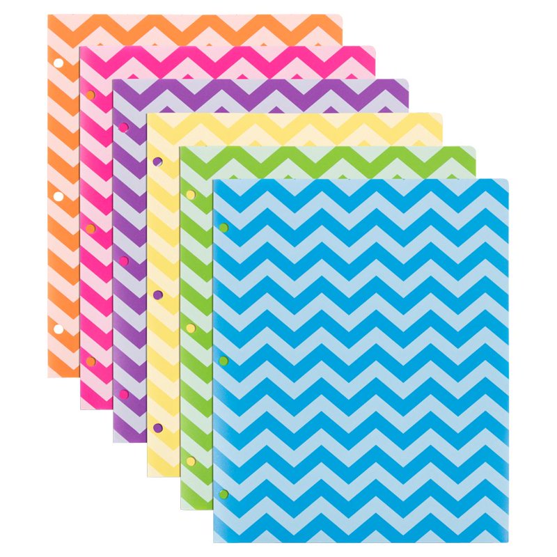 Chevron Pattern Plastic File Folders with 3-Hole Punch - Assorted Colors, 6 Pack