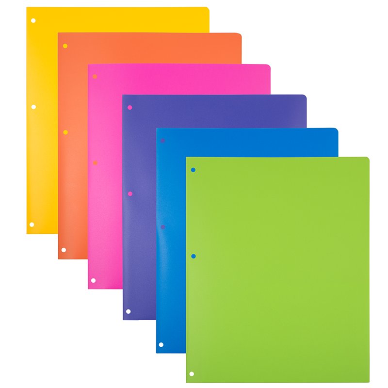 Heavy Duty Plastic 3-Hole Punch Folders with Pockets - 6 Pack