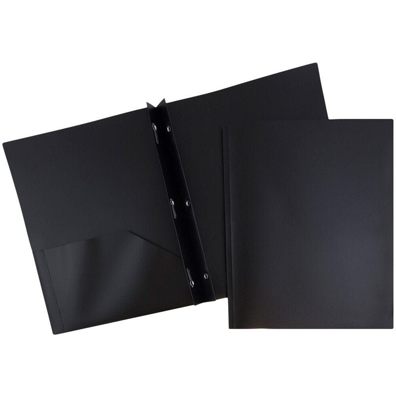 2-Pocket Plastic Folder with Metal Prongs & Clasp - 3 Pack, 9.5 x 11.5 Inches, Black