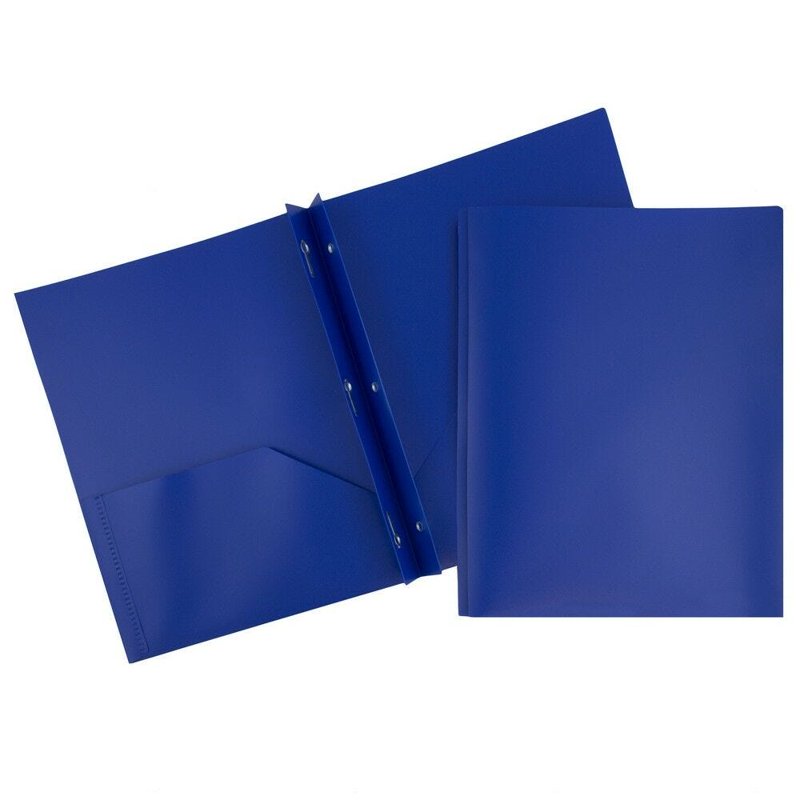 Blue Plastic 2-Pocket Folder with Metal Prongs & Business Card Slot, 3 Pack