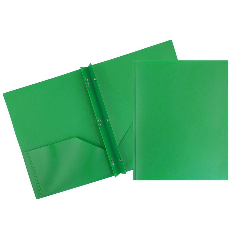 2 Pocket Plastic Folder with Metal Prongs - Green, 3 Pack