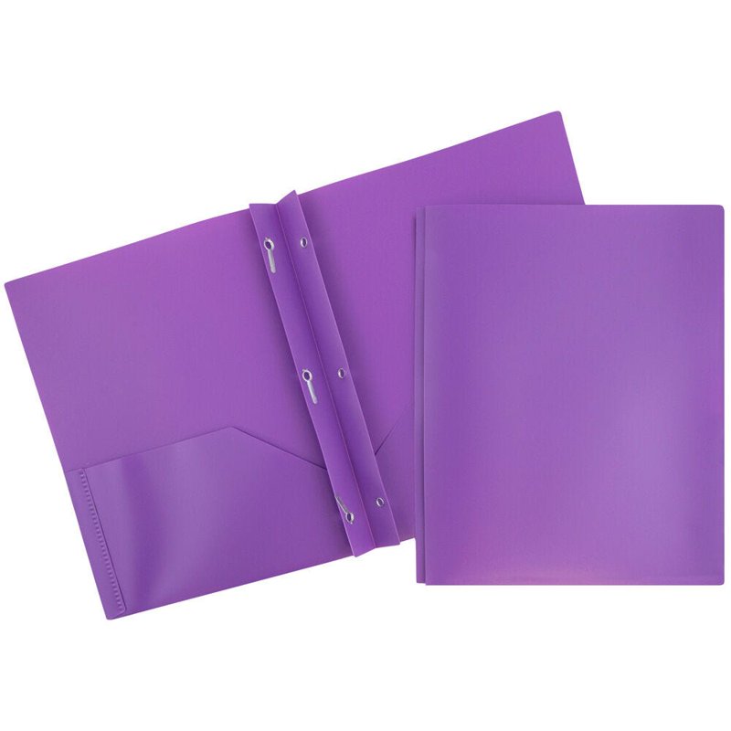 Plastic Pocket Folders with Metal Clasps - 2 Pockets, 3 Pack, Purple