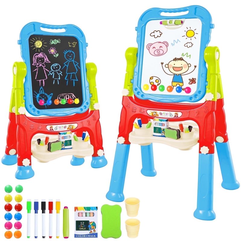 Kids Art Easel with Whiteboard & Chalkboard, Adjustable & Rotatable, Portable Craft Gift