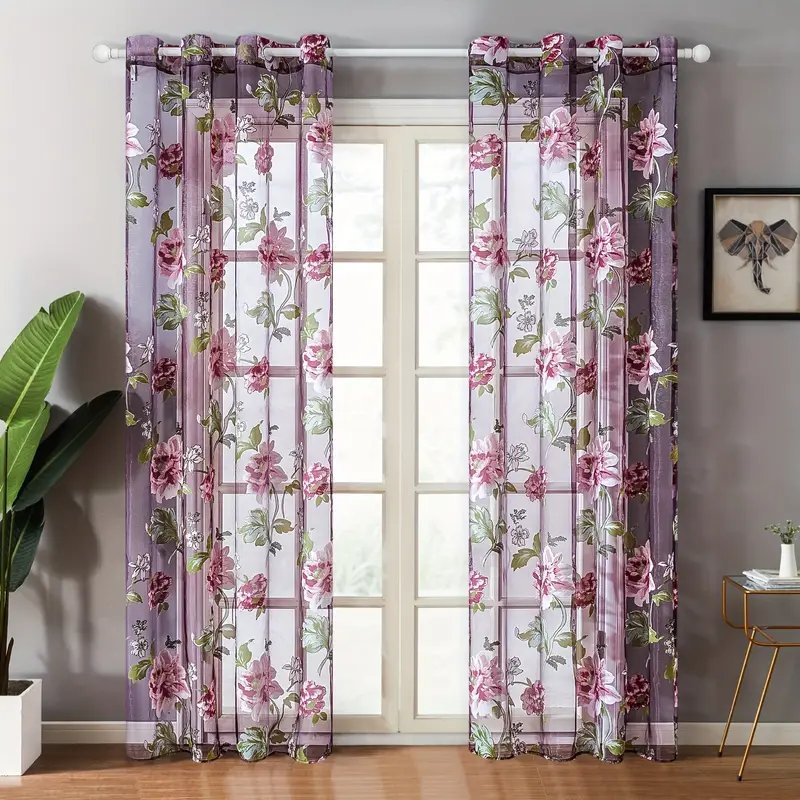 Sheer Floral Curtains 96 Inch Length - Purple & Pink Window Drapes